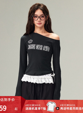 【DNA官方】斜肩长袖T恤2025秋堆浆印花潮流百搭情侣修身显瘦长T