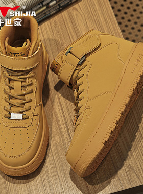 公牛世家高帮鞋男秋冬黄色复古厚底休闲板鞋一号空军篮球运动潮鞋