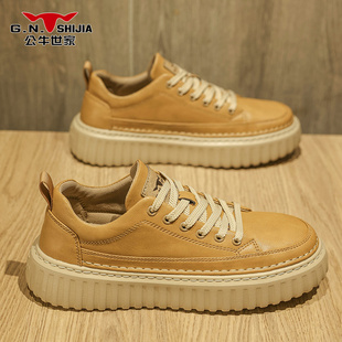 公牛世家男鞋秋季皮面黄色小麦色工装板鞋男低帮厚底英伦休闲皮鞋