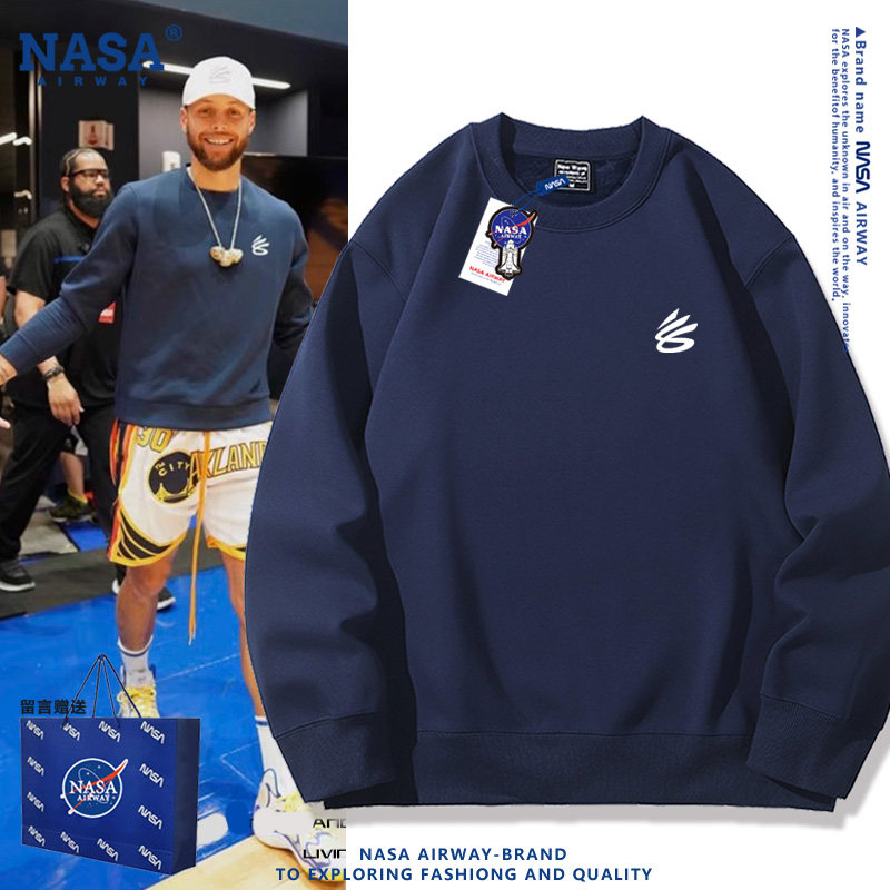 NASA联名勇士队库里同款圆领卫衣篮球运动男女秋冬加绒上衣新款潮