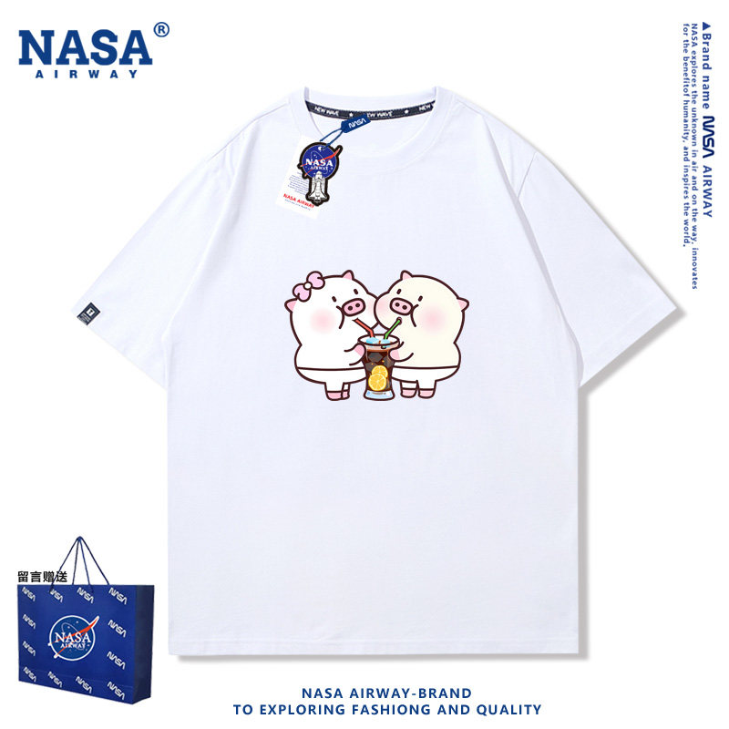 NASA AW卡通粉色小猪奶油猪表情包图案印花男女纯棉短袖T恤夏半袖