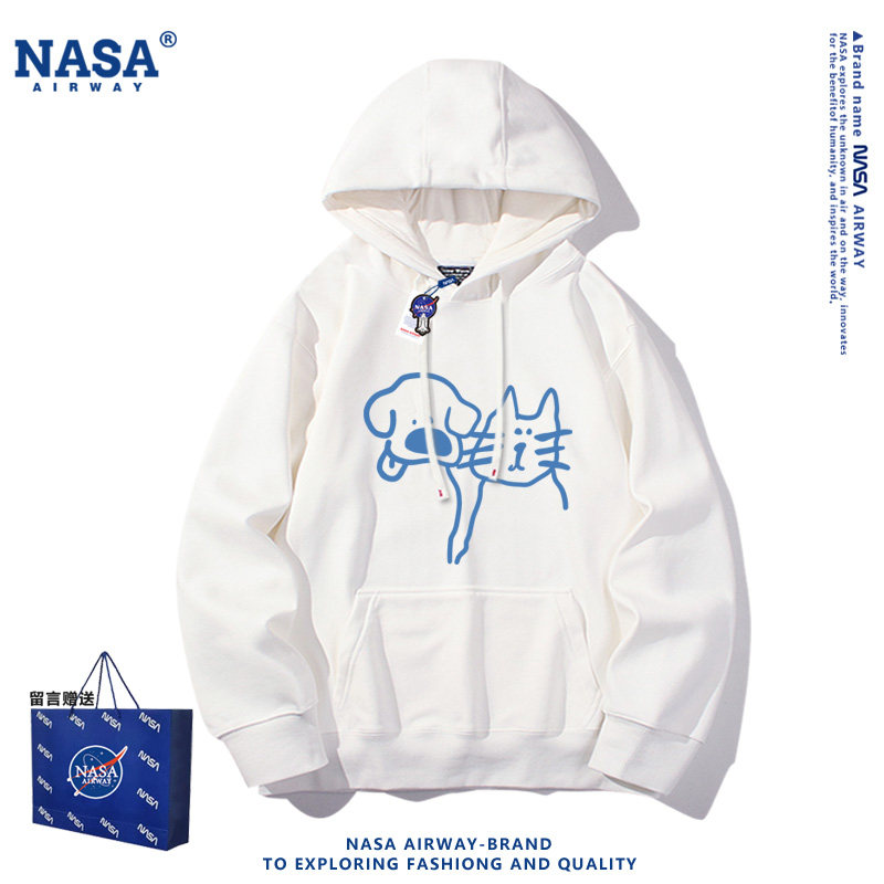 NASA联名卡通图案猫狗美式印花情侣男女春秋连帽卫衣薄款款上衣服