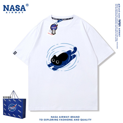 游泳小黑猫咪卡通趣味图案设计感纯棉短袖t恤男女青少年学生半袖