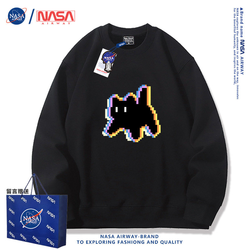 NASA联名春秋款男女生套头圆领卫衣像素风黑色猫咪潮牌宽松上衣服