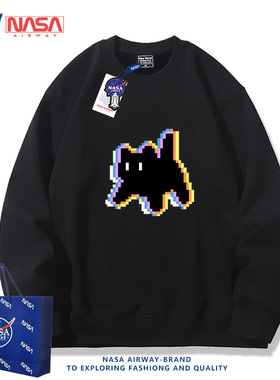 NASA联名秋冬款男女生套头圆领卫衣像素风黑色猫咪潮牌宽松上衣服