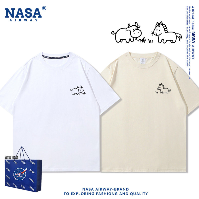 NASA联名情侣牛马趣味卡通图案印花打工人纯棉短袖夏季半袖上衣服