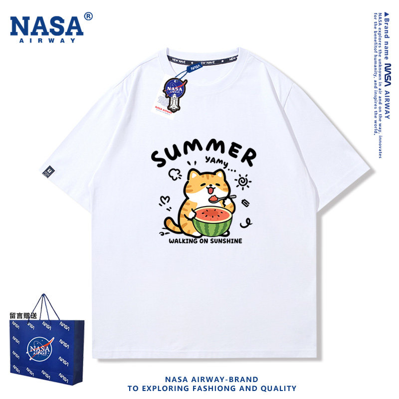 NASA AW小猫咪吃西瓜夏日小清新卡通图案男女纯棉短袖T恤半袖夏季
