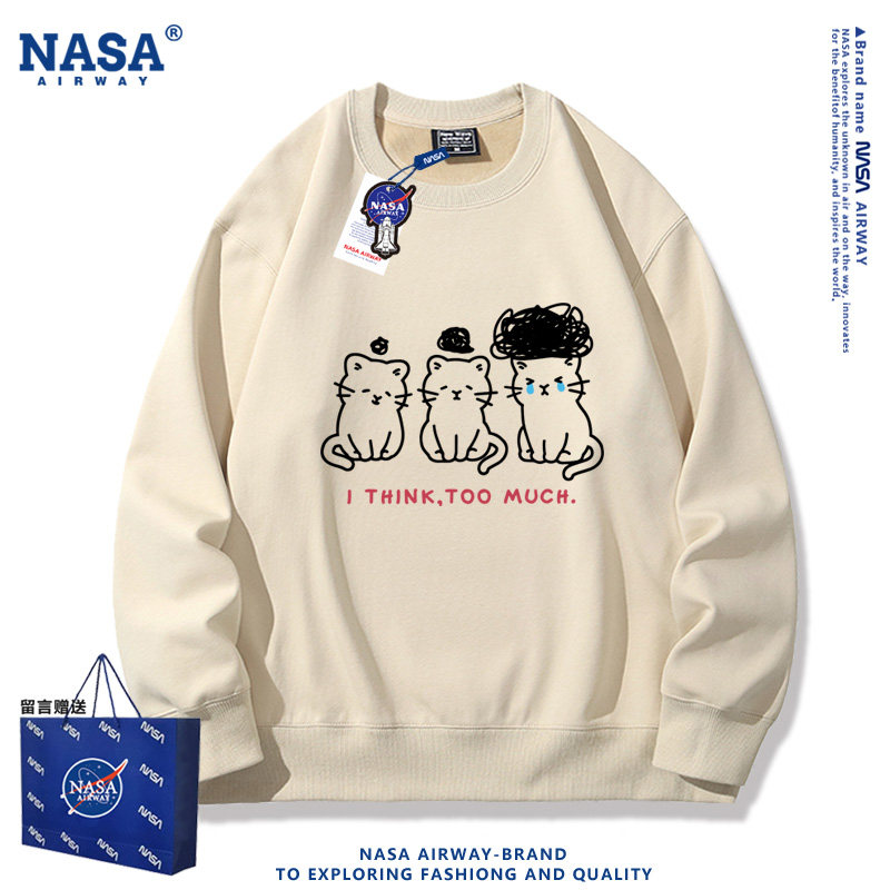 NASA联名焦虑小猫咪卡通图案圆领卫衣男女生宽松上衣新款薄款外套