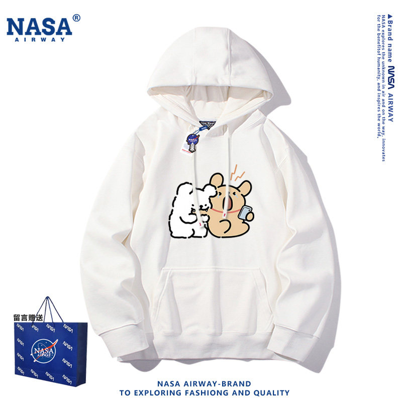 NASA联名小白狗小金毛趣味卡通图案男女春秋连帽卫衣薄款休闲上衣