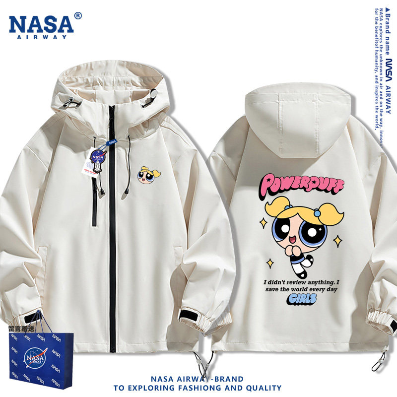 NASA联名飞天小女警卡通图案动漫周边夹克男女连帽冲锋衣秋冬外套