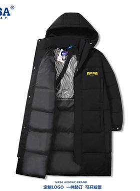 NASA联名黑色小猫咪趣味设计感卡通图案男女连帽羽绒服冬季中长款