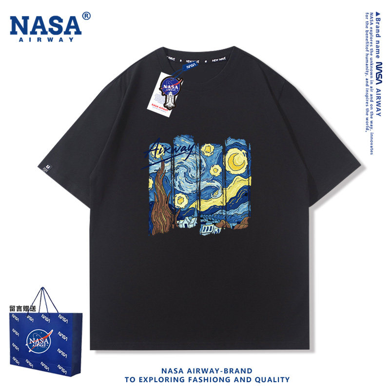 NASA联名梵高星空油画潮牌印花图案男女纯棉短袖T恤半袖夏季上衣