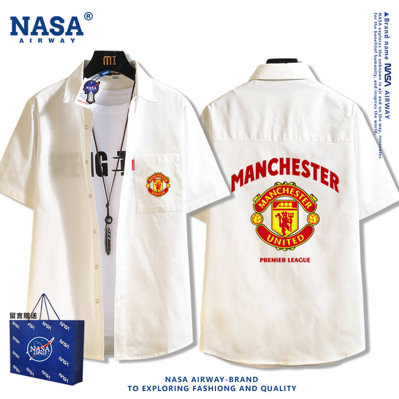 NASA联名英超曼联队服足球球迷短袖衬衫男女翻领半袖薄款上衣新款