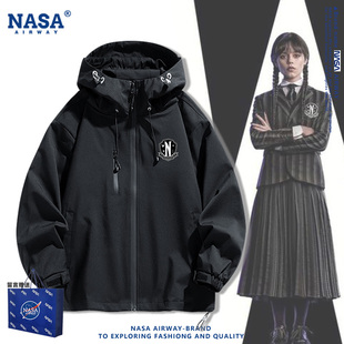 NASA联名亚当斯一家星期三学院徽章男女连帽冲锋衣秋冬夹克外套潮