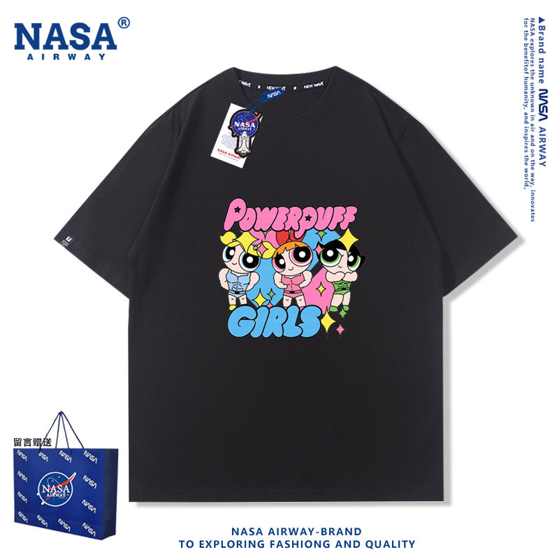 NASA联名飞天小女警健身肌肉趣味图案纯棉短袖男女生夏季半袖T恤