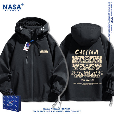 NASA联名国风醒狮潮牌卡通图案男女连帽冲锋衣秋冬款夹克外套上衣