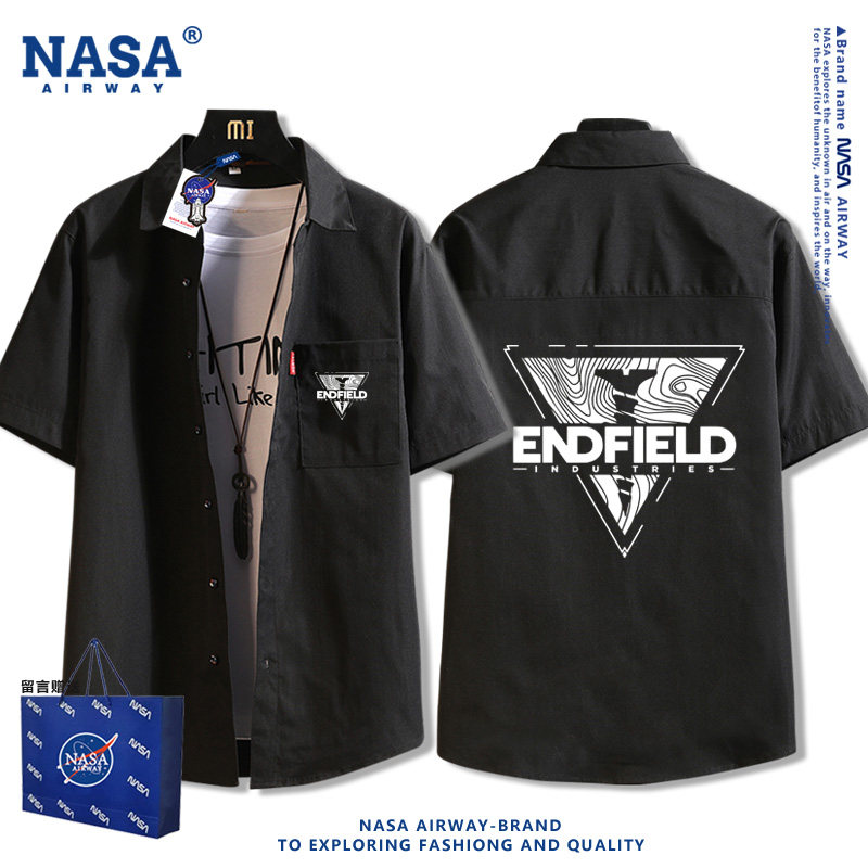 NASA联名二次元终末地工业LOGO印花短袖衬衫男女翻领半袖T恤衬衣