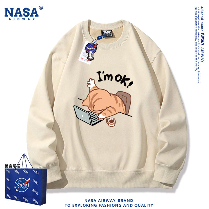 NASA联名I'm ok猫咪卡通图案印花男女套头圆领卫衣春秋款薄款长袖