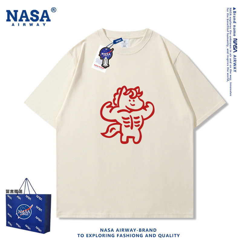 NASA AW健身小马本命年卡通图案男女纯棉短袖T恤夏季半袖上衣新款