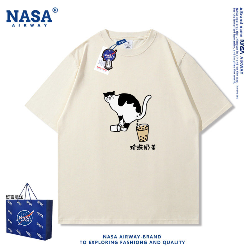 NASA联名趣味抽象珍珠奶茶猫咪卡通图案男女纯棉短袖T恤夏季半袖,男装,T恤,淘宝优惠券,粉丝福利购,淘宝优惠卷