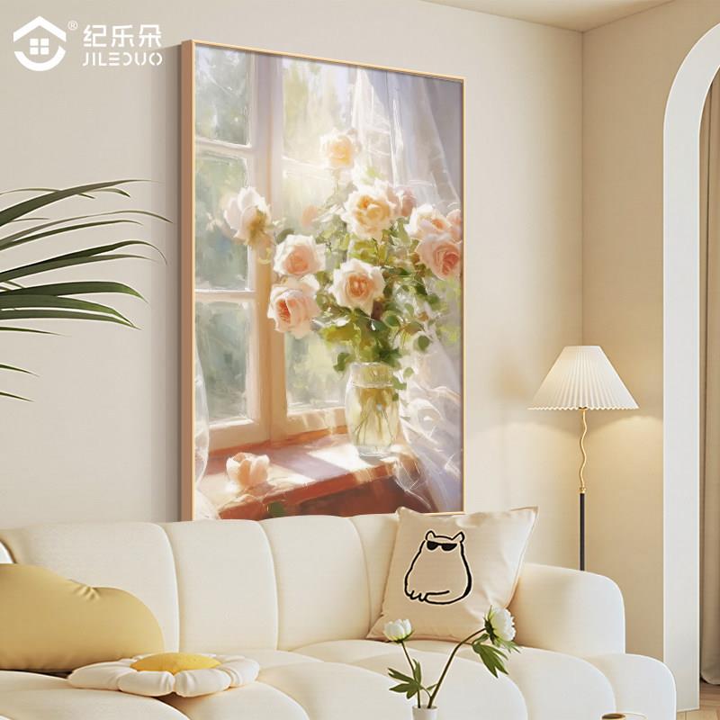 光影花卉客厅装饰画奶油风粉色玫瑰花沙发背景墙挂画2025新款壁画