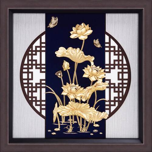 现代简约新中式风荷花立体金箔装饰画乔迁新居实用礼品莲花装饰画