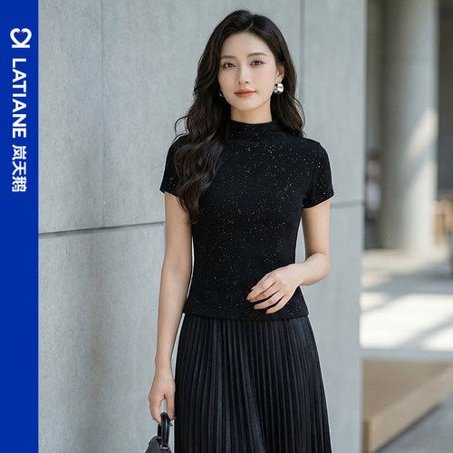 岚天鹅立领短袖T恤女黑色显瘦