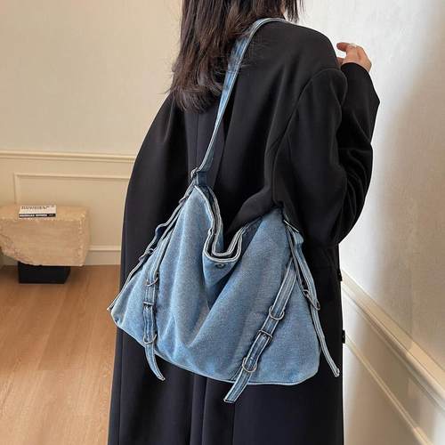 机车包虞书欣同款复古牛仔托特包