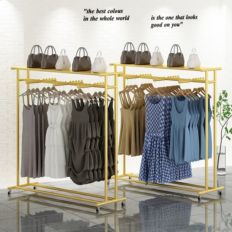 服装店展示架中岛架落地式双排双杠纳米金女装店铺中间货架带滑轮