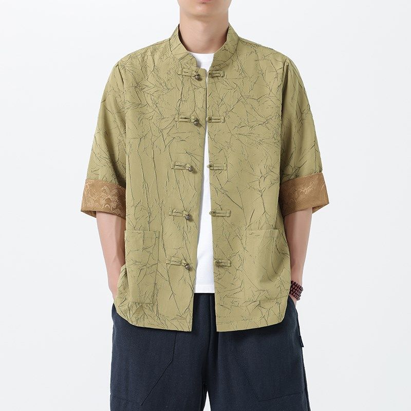 夏季新中式男装复古中国风短袖衬衫男铜扣唐装宽松大码衬衣汉服男,男装,唐装,淘宝优惠券,粉丝福利购,淘宝优惠卷