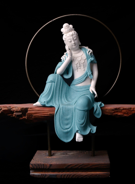 新中式水月观音菩萨陶瓷禅意摆件家居客厅玄关桌面装饰佛像工艺品