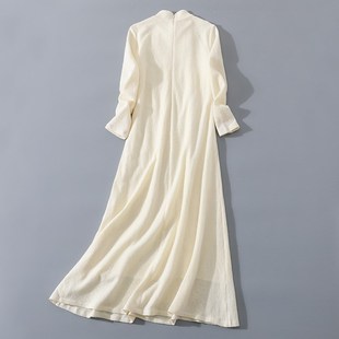 秋冬新款复古中国风女装长袖立领绣花羊毛呢禅茶服长裙修身连衣裙