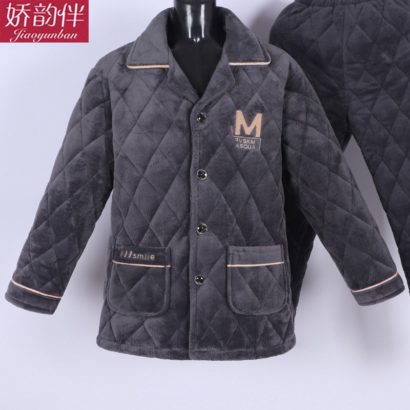 秋冬季珊瑚绒夹棉睡衣男中老年人中年爸爸三层加厚加绒保暖家居服