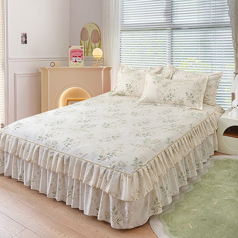 水洗棉床裙单件亲肤磨毛简约床罩式保护套防滑床单双人床上三件套