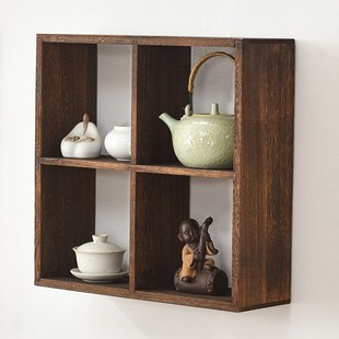 博古架实木中式挂墙多宝阁壁挂式茶杯架茶具收纳架置物架摆架隔断