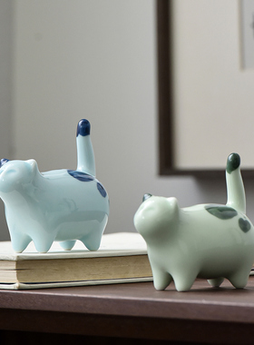 新中式禅意陶瓷动物猫摆件工艺品家居茶空间布置茶室茶桌饰品摆设