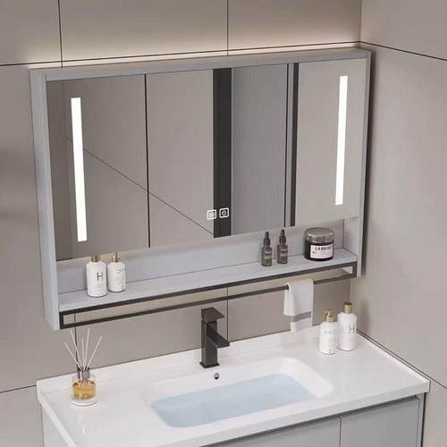 镜柜智能浴室单独挂墙除雾灯光卫生间收纳镜子实木带置物架梳妆镜