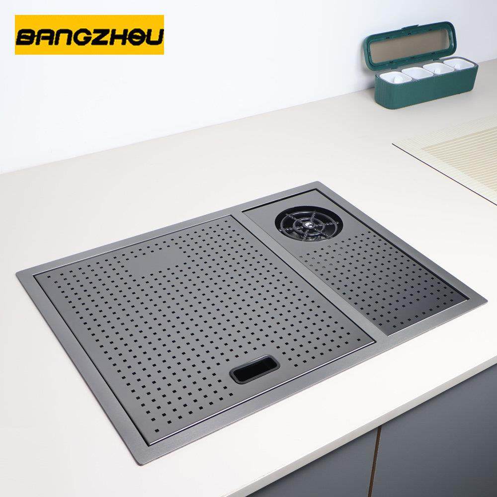 开放式厨房隐藏式黑色手工水槽单槽304不锈钢吧台洗碗洗菜盆水池