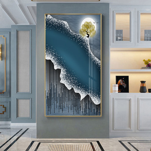 玄关装饰画长方形竖版入户挂画黑白轻奢麋鹿壁画走廊过道晶瓷画