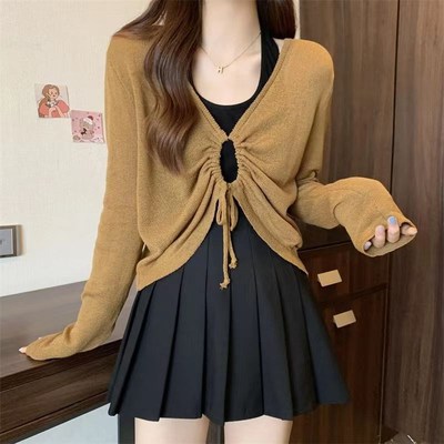 大码女装秋季挂脖背心吊带胖MM抽身绳针织衫长袖上衣半裙三件套装