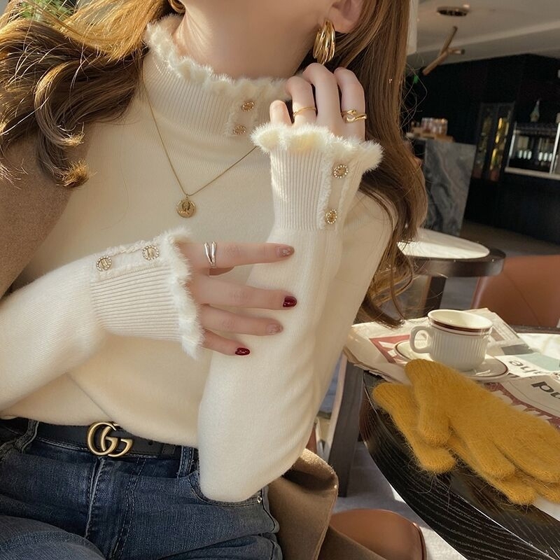 2024秋冬新款一体绒毛衣女加绒加厚保暖洋气内搭半高领针织打底衫