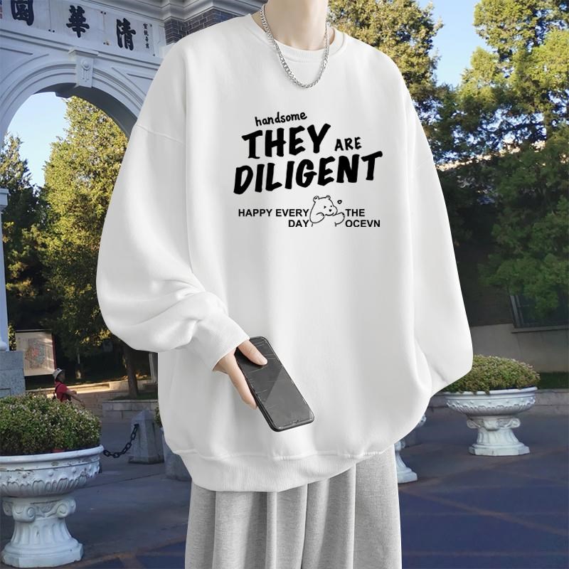 纯棉圆领卫衣男女生春秋薄款白色无帽宽松潮流休S闲冬季加绒上衣