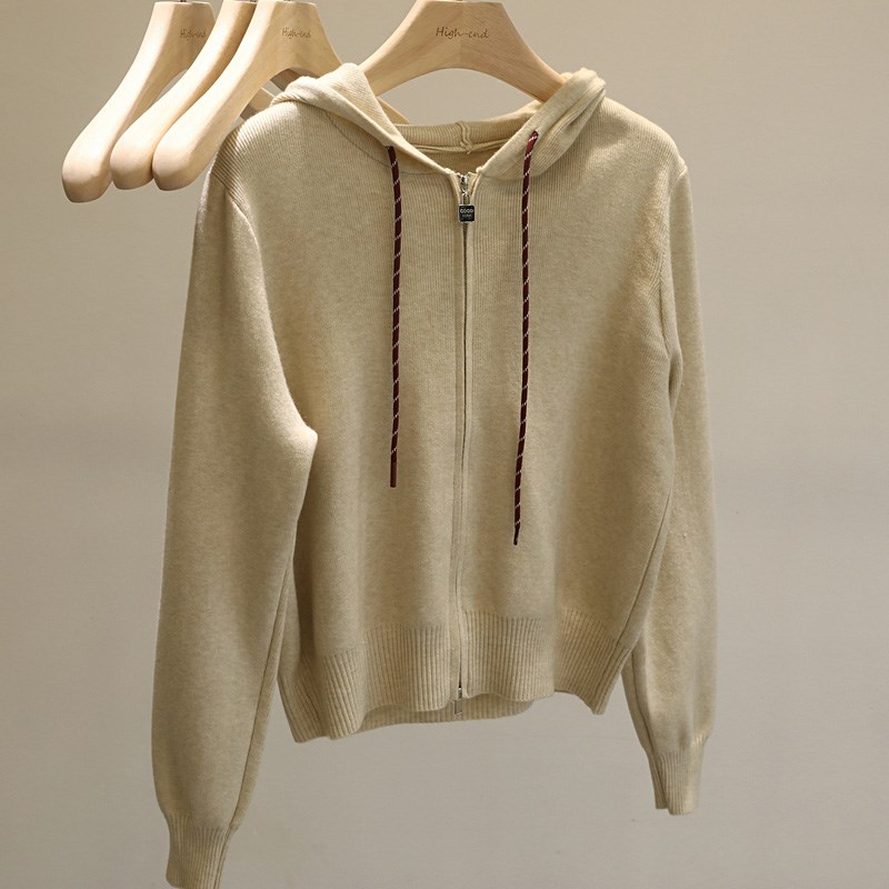 显瘦不臃肿!双头拉链美式休闲连帽针织开衫女短款百搭毛衣外套
