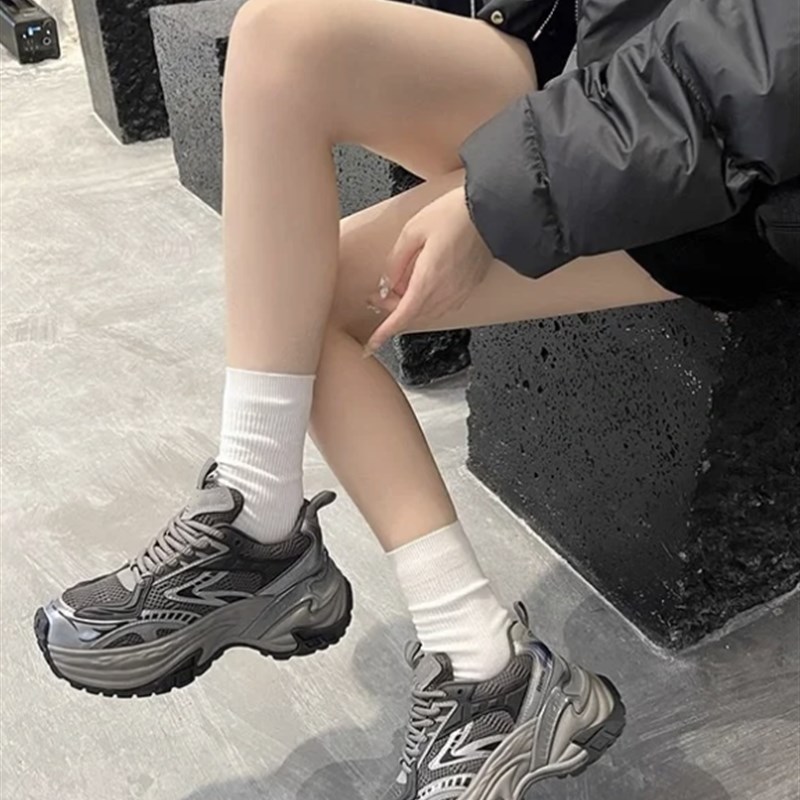宝藏鞋子~~厚底增高老爹鞋女高z级灰网面透气休闲运动鞋简约松糕