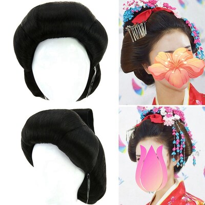 古装假发套新款艺妓花魁大盘头贵妃头饰高温丝黑色女士短直发头套