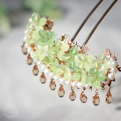绿香草 热缩花簪珍珠琉璃簪子u型发钗流苏步摇新T中式古风汉服头