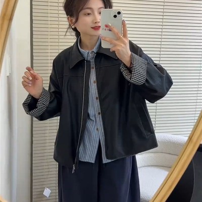 PU皮衣外套女短款春季2025新款韩版宽松高级感复古小个子夹克上衣