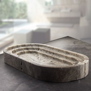 智石工坊天然洞石大理石装 饰托盘长圆形果盘样板拍摄道具首饰果盘