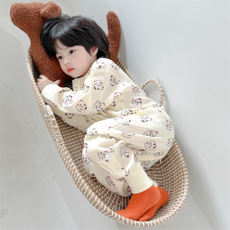 春秋纯棉纱布婴儿睡袋夏季宝宝分腿防踢被儿童四季男女童连体睡衣