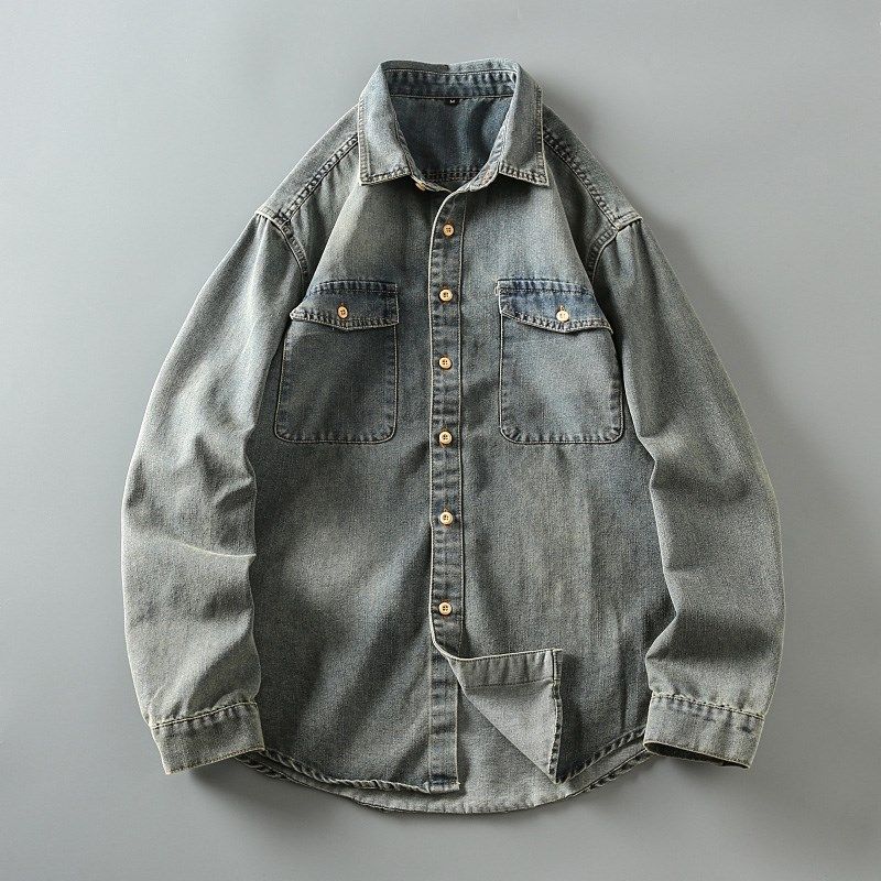 春季新款复古水洗做旧全棉面料男士时尚百搭宽松休闲牛仔衬衫外套,男装,衬衫,淘宝优惠券,粉丝福利购,淘宝优惠卷